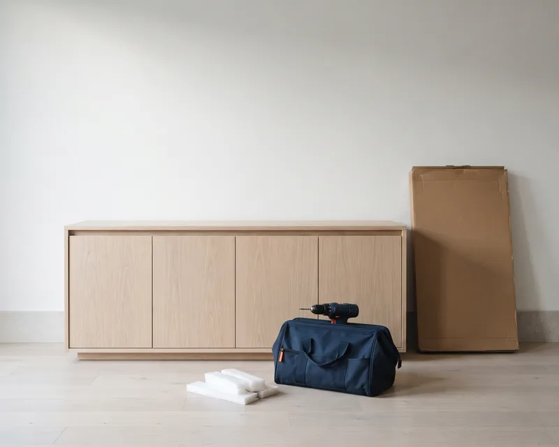 Een net in elkaar gezet eiken dressoir tegen een witte muur, met de lege doos ernaast en een gereedschapstas met een boormachine ervoor.